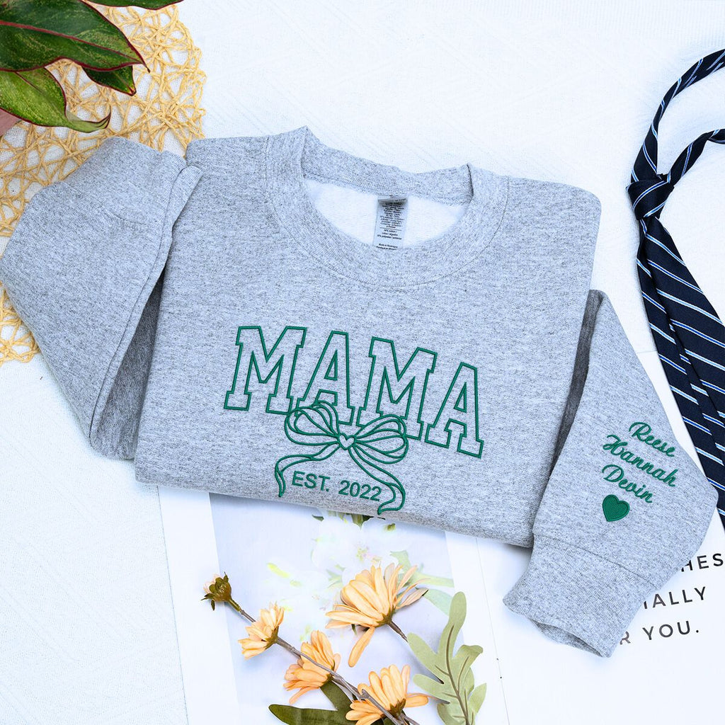 Personalized Gift for Mama with Embroidered Coquette Bow and Est year on Chest Sweatshirt or Hoodie