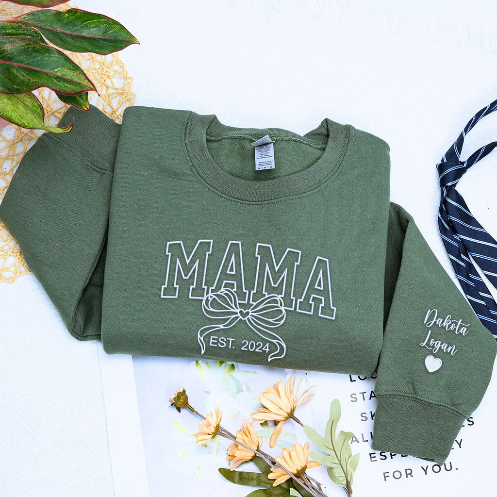 Personalized Gift for Mama with Embroidered Coquette Bow and Est year on Chest Sweatshirt or Hoodie