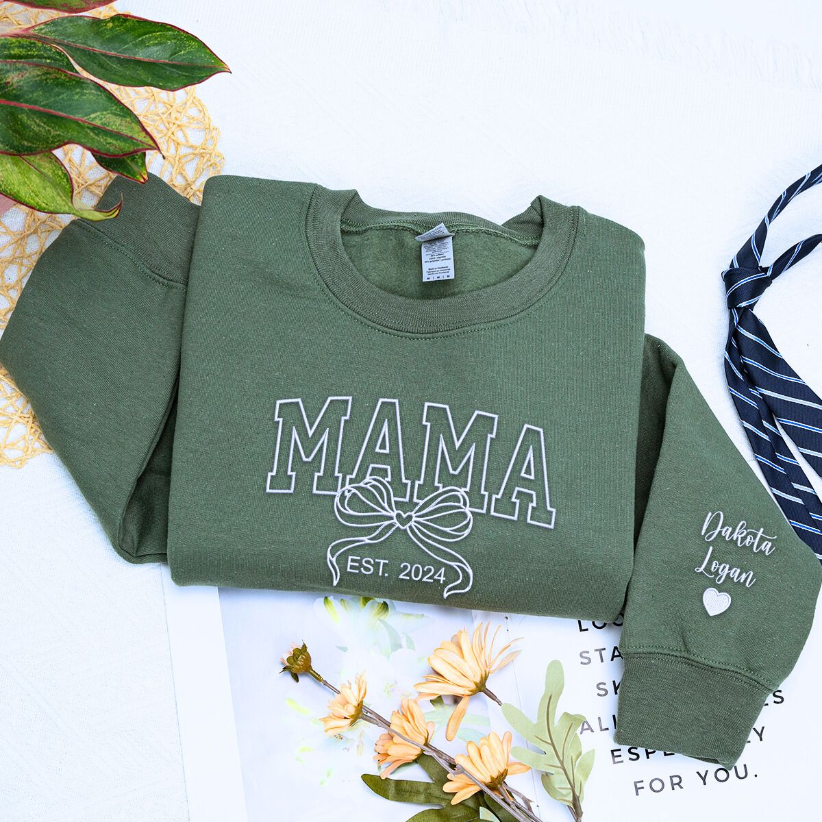 Personalized Gift for Mama with Embroidered Coquette Bow and Est year on Chest Sweatshirt or Hoodie