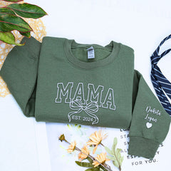 Personalized Gift for Mama with Embroidered Coquette Bow and Est year on Chest Sweatshirt or Hoodie