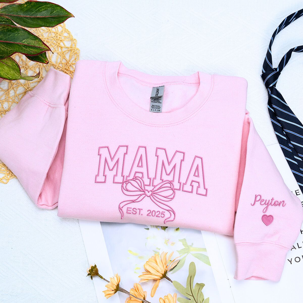Personalized Gift for Mama with Embroidered Coquette Bow and Est year on Chest Sweatshirt or Hoodie
