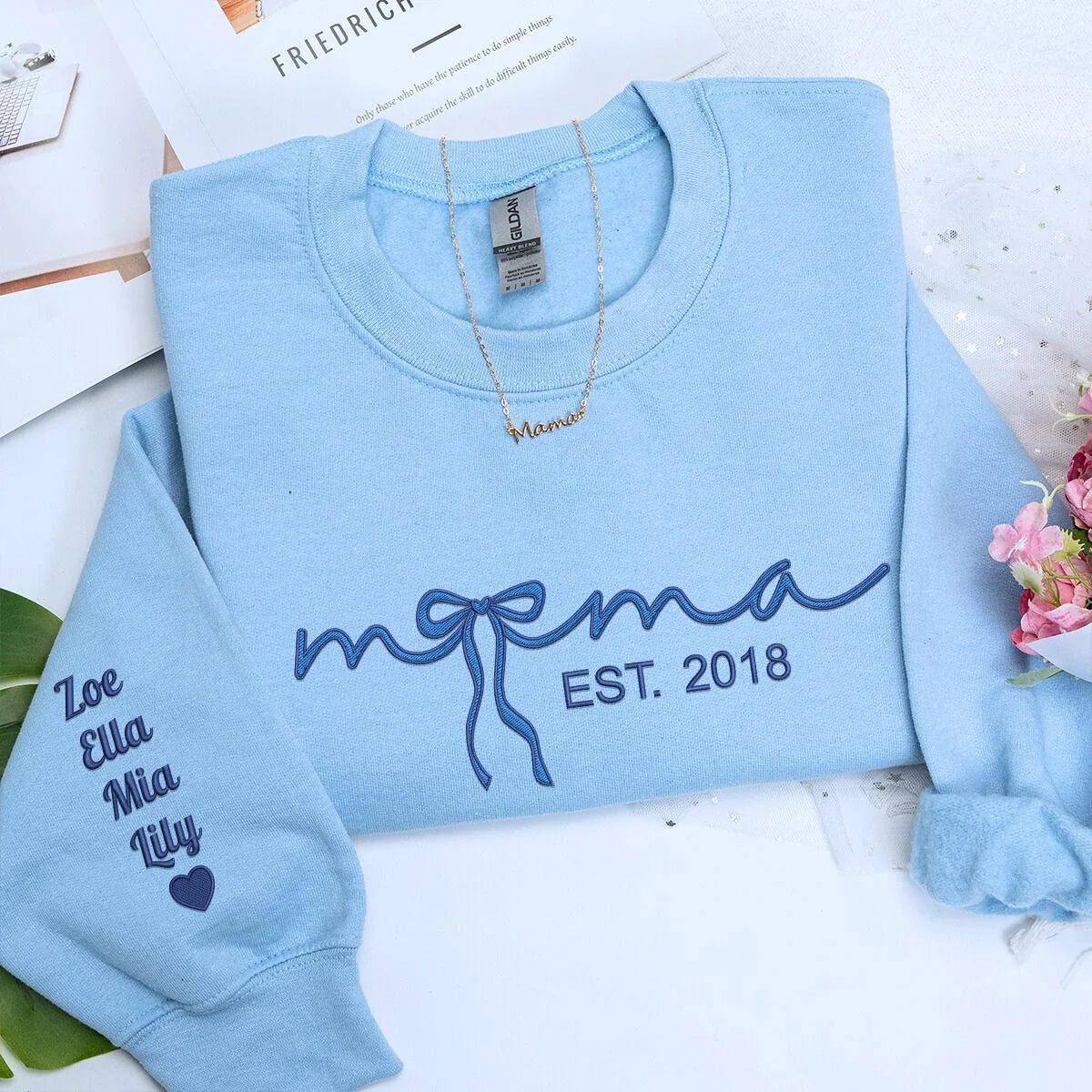 Mama Embroidered Sweatshirt or Hooide with Coquette Bow and Kids Names on Sleeve, Custom Gift for Mama Mother's Day