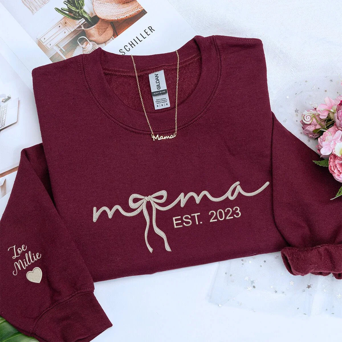 Mama Embroidered Sweatshirt or Hooide with Coquette Bow and Kids Names on Sleeve, Custom Gift for Mama Mother's Day