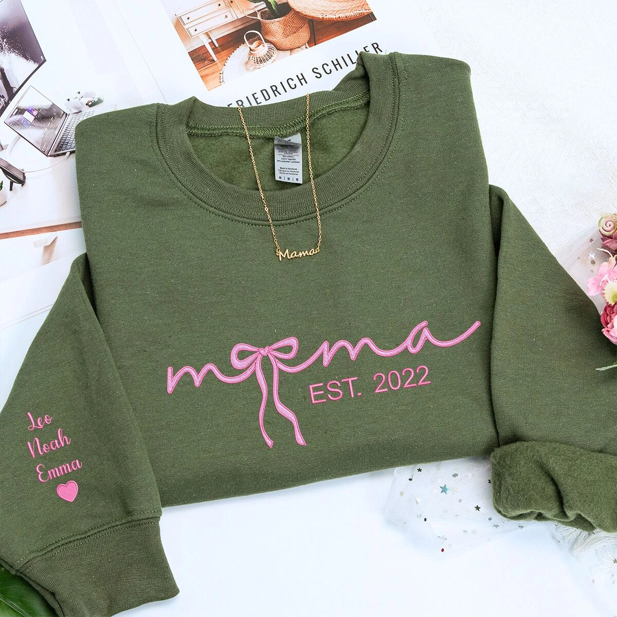 Mama Embroidered Sweatshirt or Hooide with Coquette Bow and Kids Names on Sleeve, Custom Gift for Mama Mother's Day