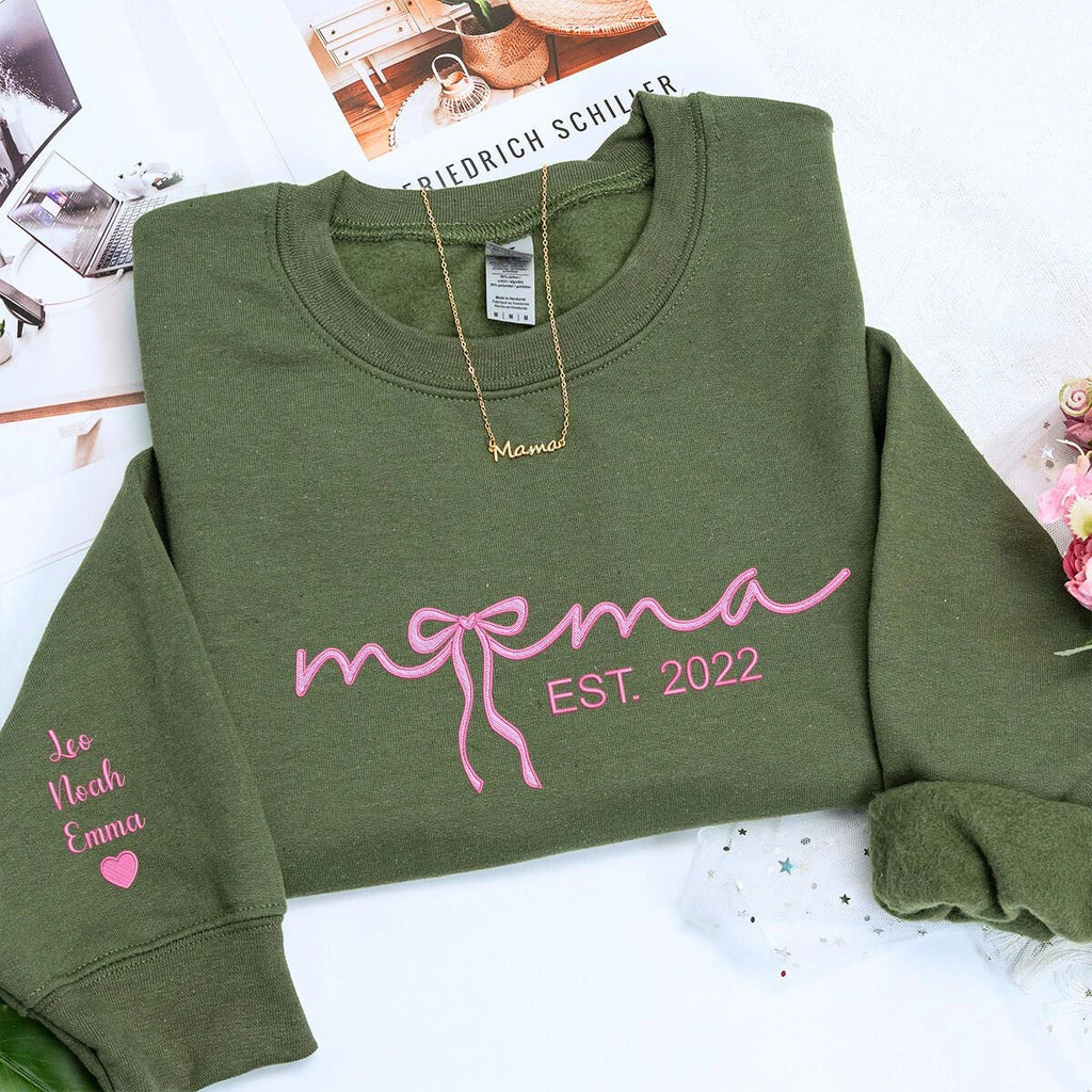 Mama Embroidered Sweatshirt or Hooide with Coquette Bow and Kids Names on Sleeve, Custom Gift for Mama Mother's Day