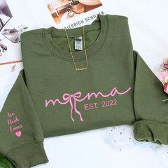 Mama Embroidered Sweatshirt or Hooide with Coquette Bow and Kids Names on Sleeve, Custom Gift for Mama Mother's Day