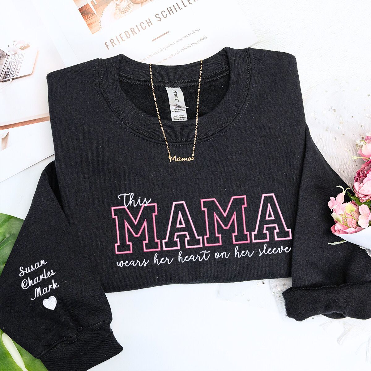 Custom Mother's Day Gift With Embroidered This Mama Wears Her Heart on Her Sleeve Sweatshirt or Hoodie