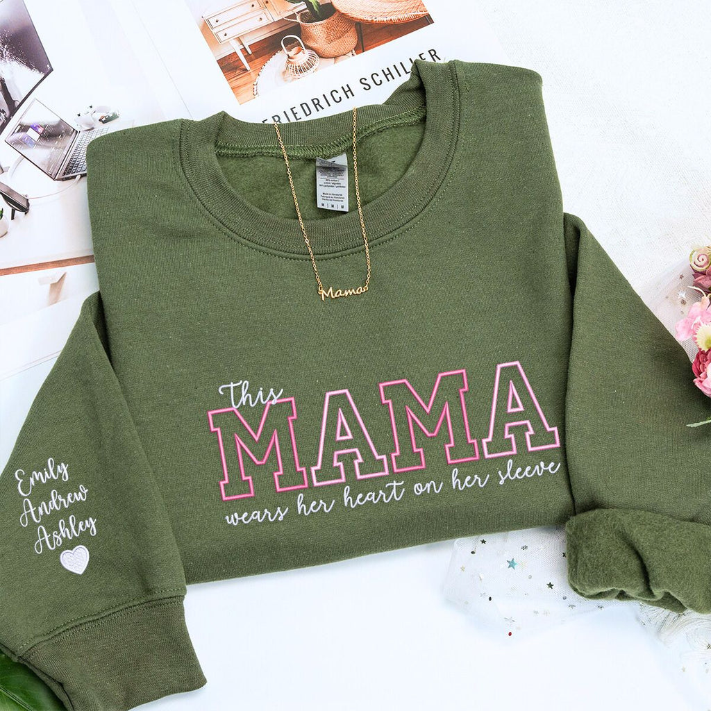 Custom Mother's Day Gift With Embroidered This Mama Wears Her Heart on Her Sleeve Sweatshirt or Hoodie