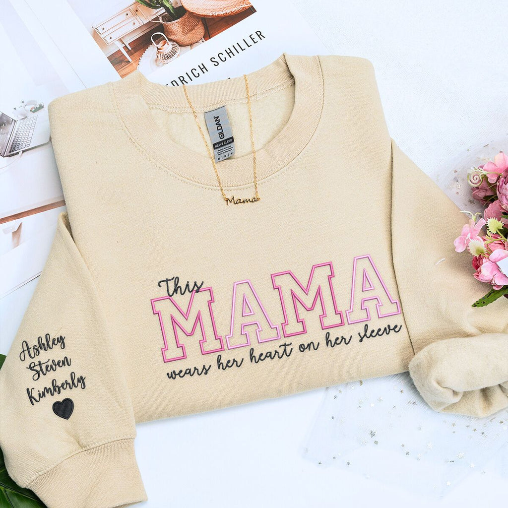 Custom Mother's Day Gift With Embroidered This Mama Wears Her Heart on Her Sleeve Sweatshirt or Hoodie