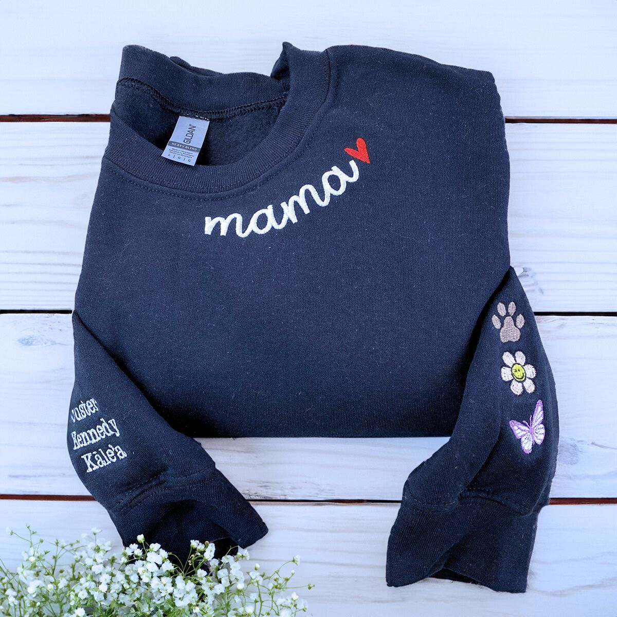 Mama Sweatshirt or Hoodie with Names on Sleeve, Custom Embroidered Gift for Mama