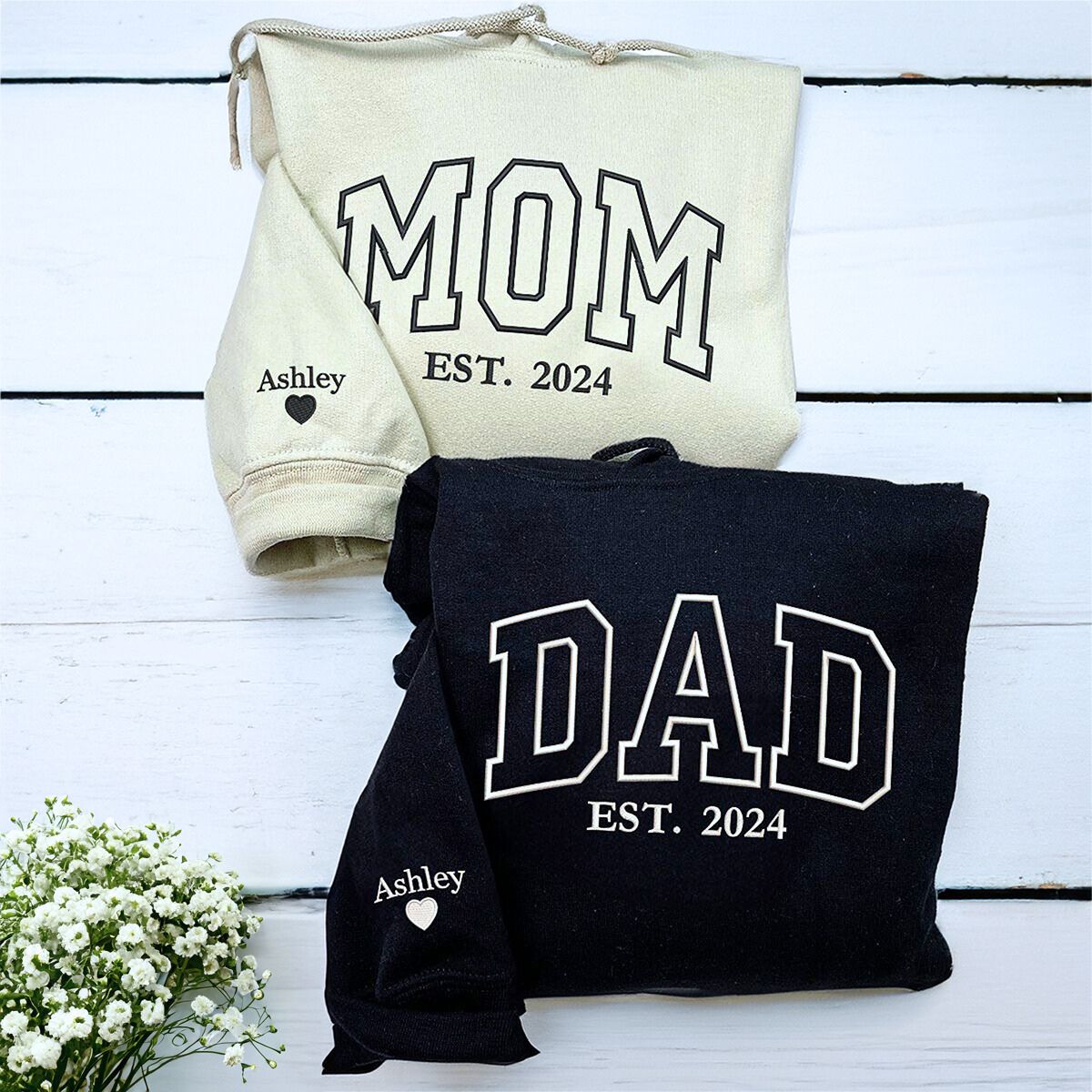 Mom and Dad Sweatshirt or Hoodie - Embroidered Gift for Parents with Est Year, Kids Names