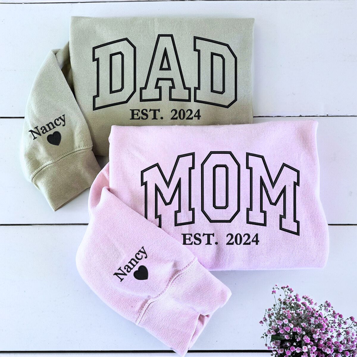 Mom and Dad Sweatshirt or Hoodie - Embroidered Gift for Parents with Est Year, Kids Names