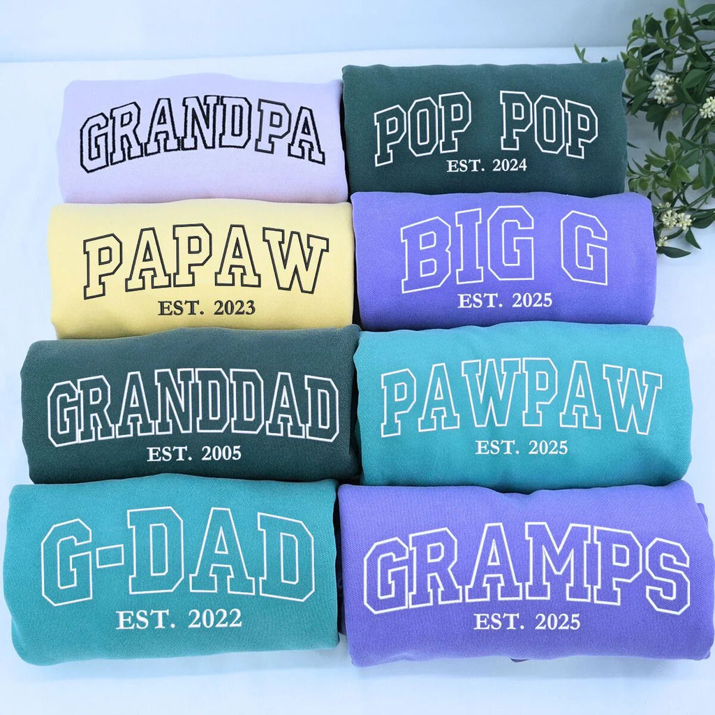 Comfort Colors Custom Dada EST T-Shirt or Sweatshirt, Personalized Embroidered Gift for Dada Dad Father's Day