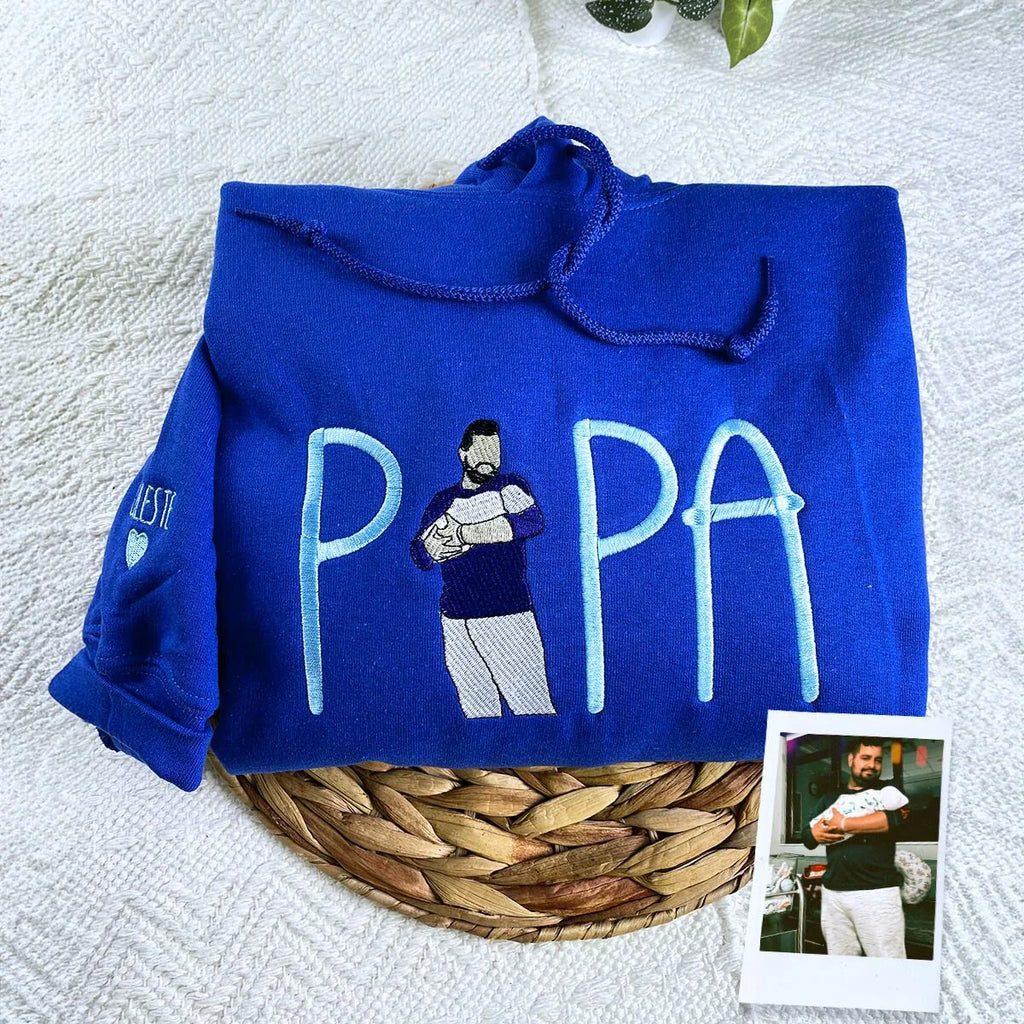 Papa Sweatshirt or Hoodie with Embroidered Dad Photo Portrait, Kids Names on Sleeve