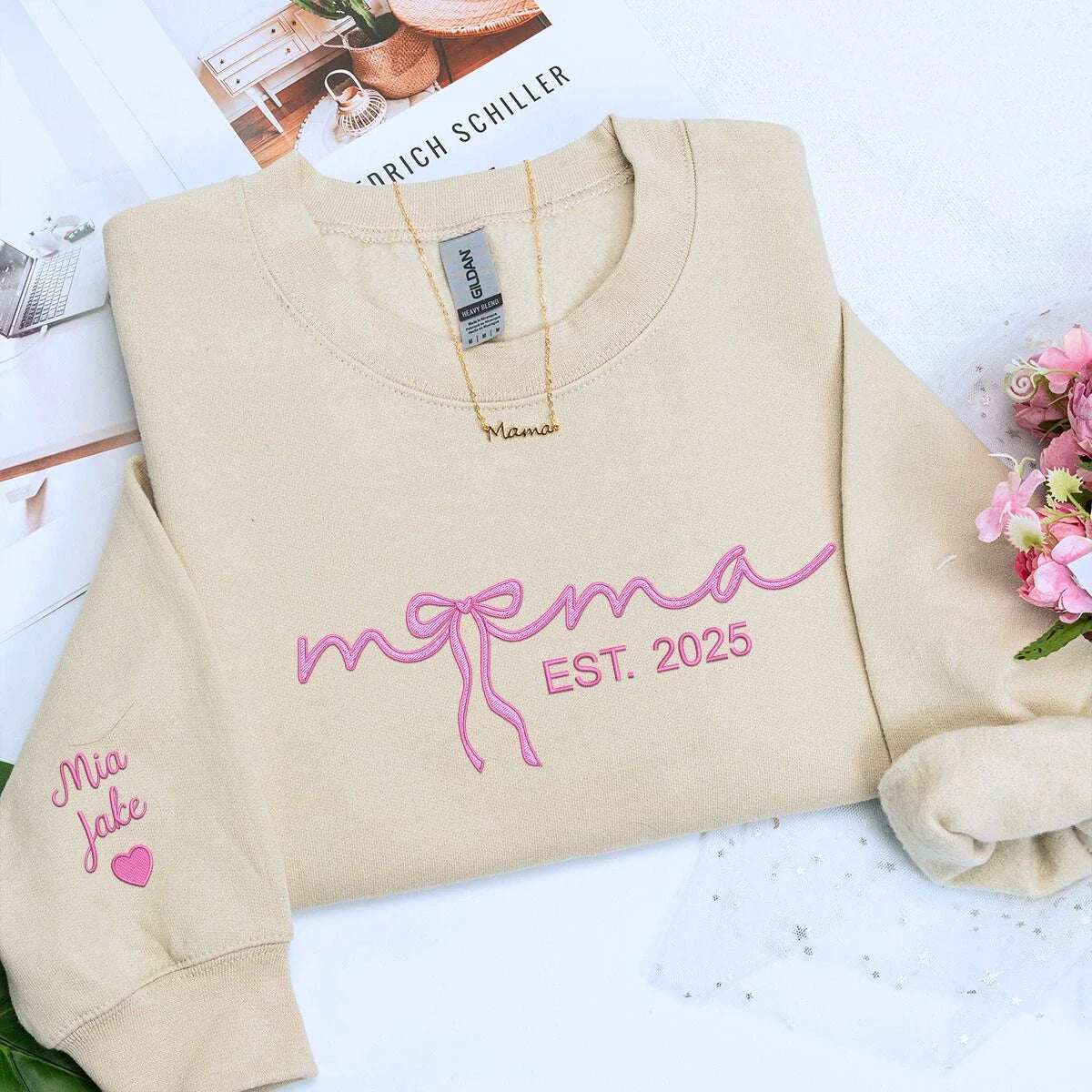 Mama Embroidered Sweatshirt or Hooide with Coquette Bow and Kids Names on Sleeve, Custom Gift for Mama Mother's Day
