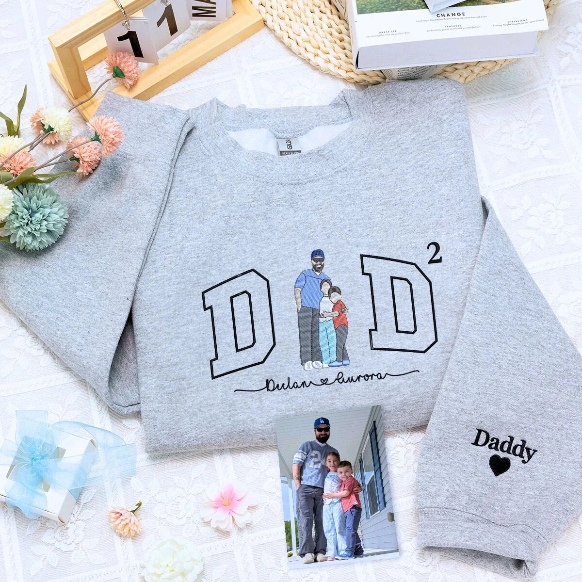 Custom Dad of Two Portrait Shirt or Sweatshirt, Personalized Embroidered Gift for Dad with Two Kids Father's Day