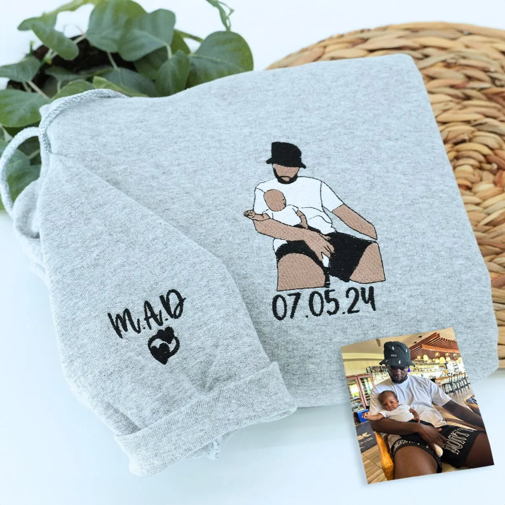 Father’s Day Gift for New Grandpa – Custom Embroidered Portrait Sweatshirt or Hoodie with Baby Photo