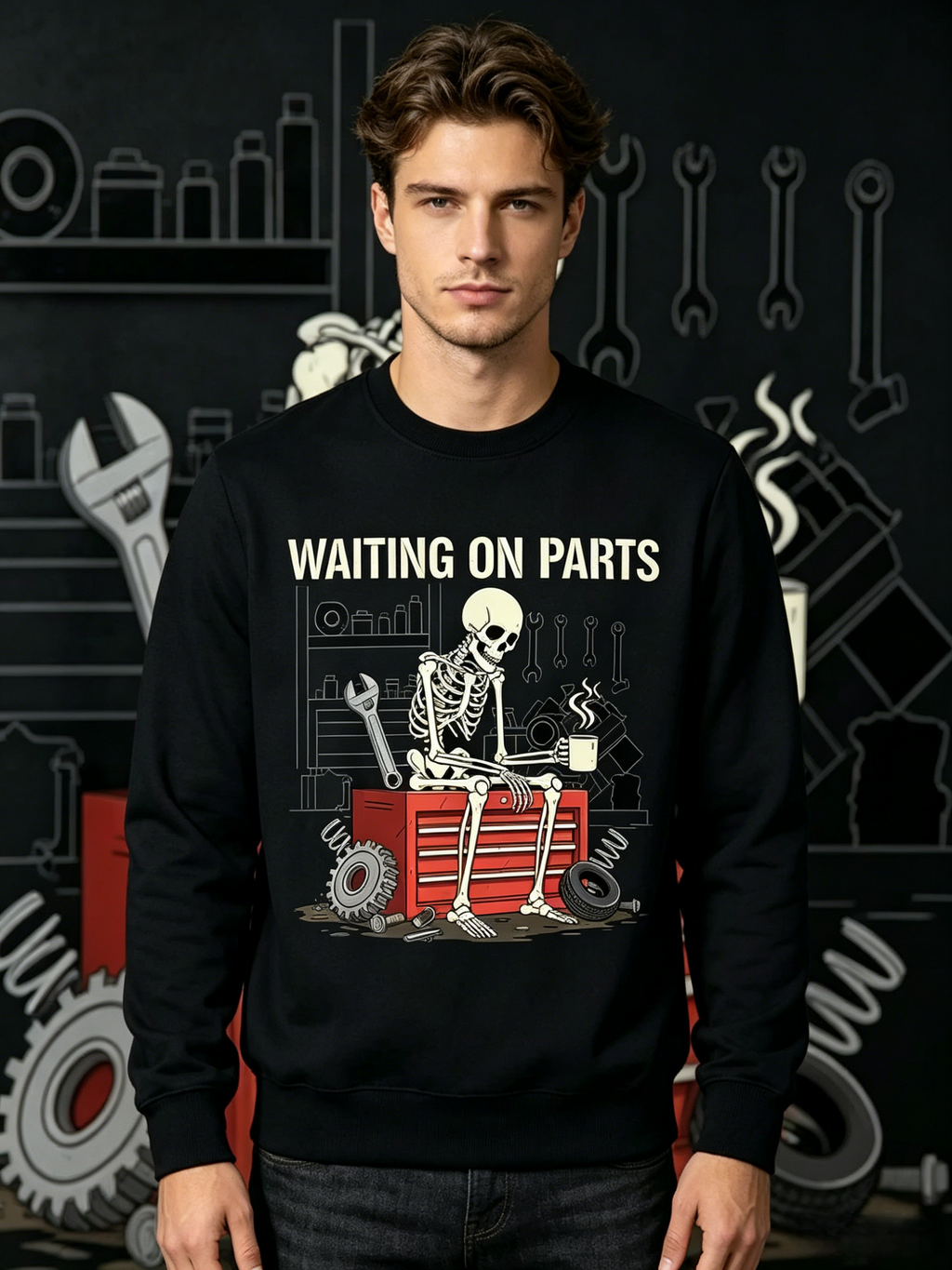 Waiting On Parts Skeleton Mechanic Tee | Funny Car Guy Garage Graphic Shirt