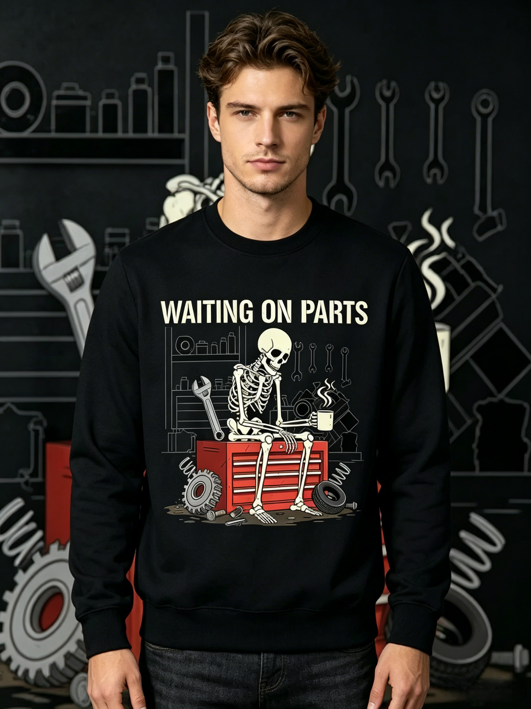 Waiting On Parts Skeleton Mechanic Tee | Funny Car Guy Garage Graphic Shirt
