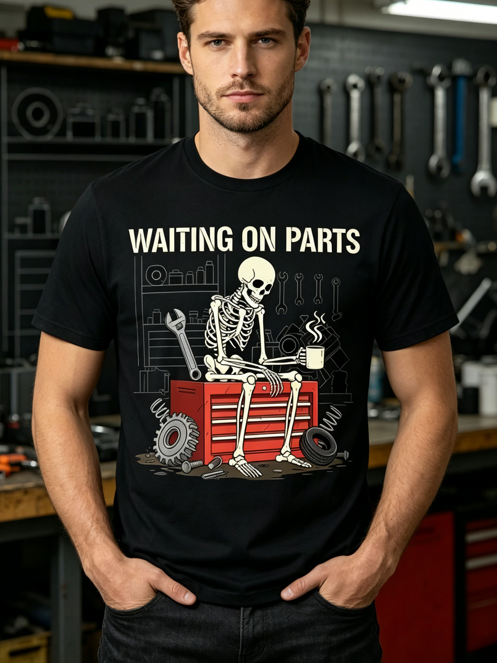 Waiting On Parts Skeleton Mechanic Tee | Funny Car Guy Garage Graphic Shirt