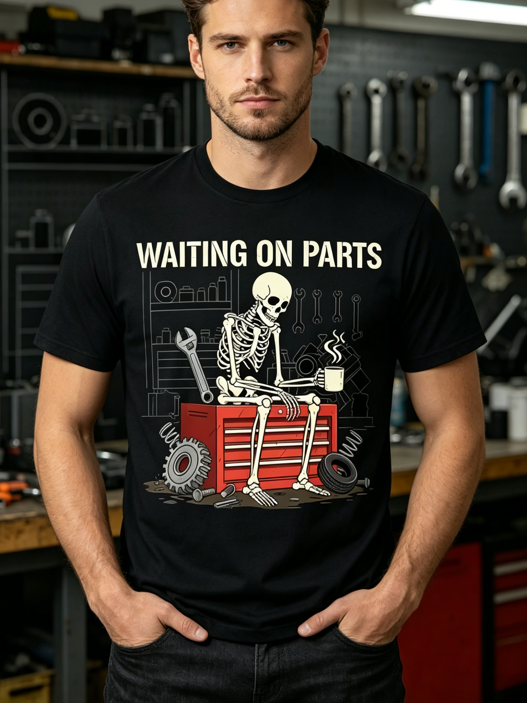 Waiting On Parts Skeleton Mechanic Tee | Funny Car Guy Garage Graphic Shirt