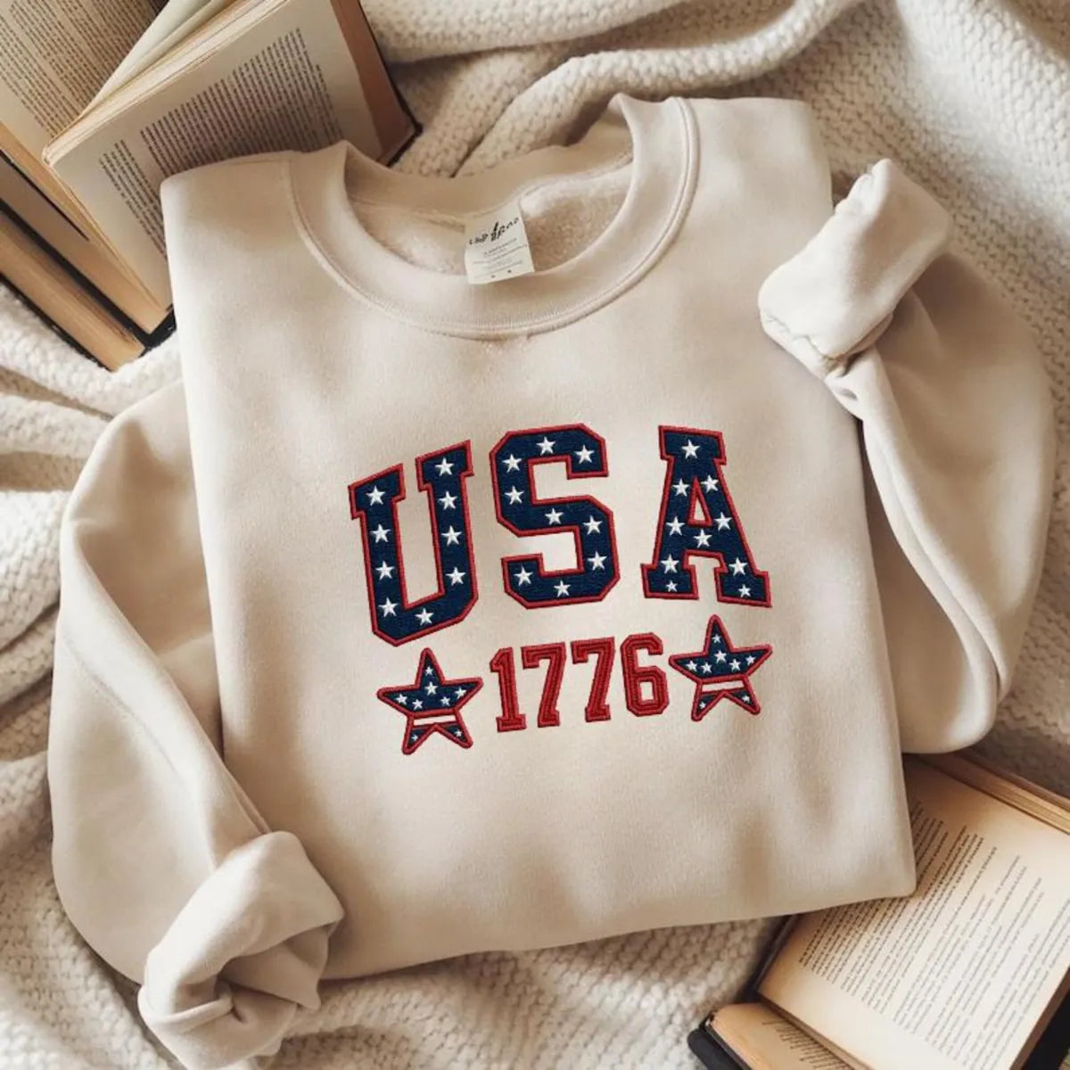 Embroidered Star-Filled USA 1776 Varsity Sweatshirt - 4th of July Patriotic Apparel