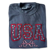 Embroidered Star-Filled USA Bow Sweatshirt - 4th of July Patriotic Apparel
