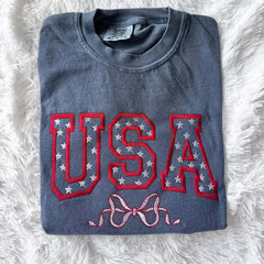 Embroidered Star-Filled USA Bow Sweatshirt - 4th of July Patriotic Apparel