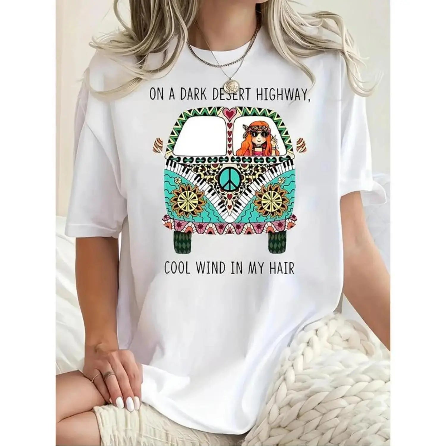 Hippie Van On A Dark Desert Highway Graphic Tee Retro Boho Music Lover Short Sleeve T‑Shirt