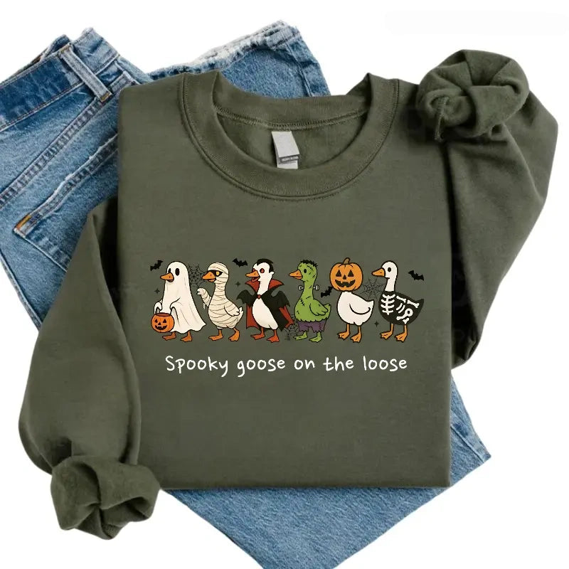 Spooky Goose On The Loose Embroidered Halloween Crewneck Sweatshirt t-shirt hoodie