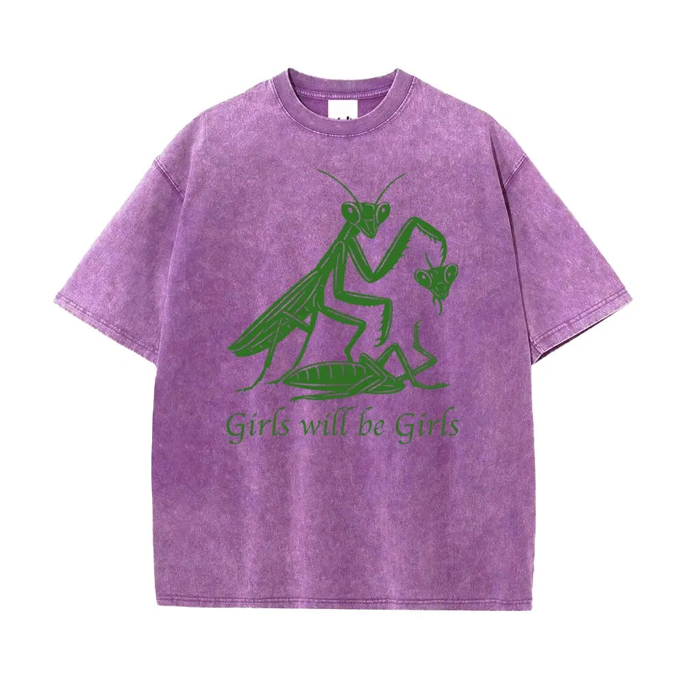 Y2K Retro Praying Mantis Print Purple Acid Wash T-Shirt - Edgy Street Style Oversized Tee