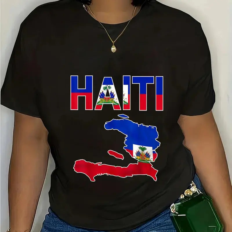 Plus Size Haiti Flag & Map T-Shirt, Haitian Pride Tee, Patriotic Caribbean Heritage Shirt for Women, Black Casual Top