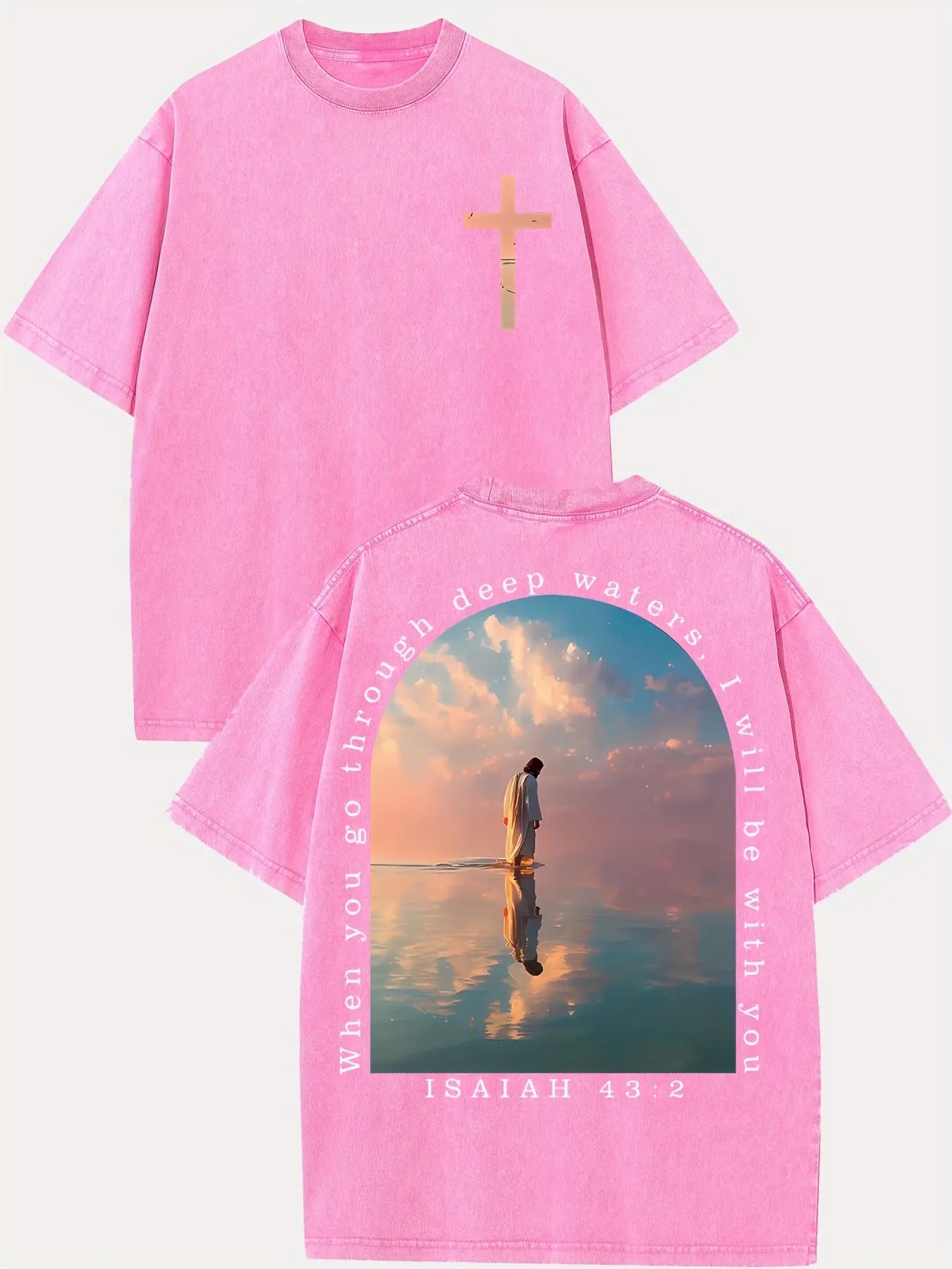Jesus Walks on Water Isaiah 43:2 Christian T-Shirt | Direct-to-Garment Print, Washed Black Oversized Tee