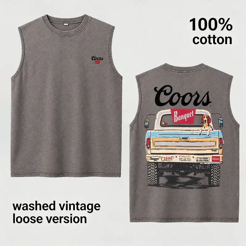 Khaki Washed Vintage Coors Graphic Loose Fit Tank Top