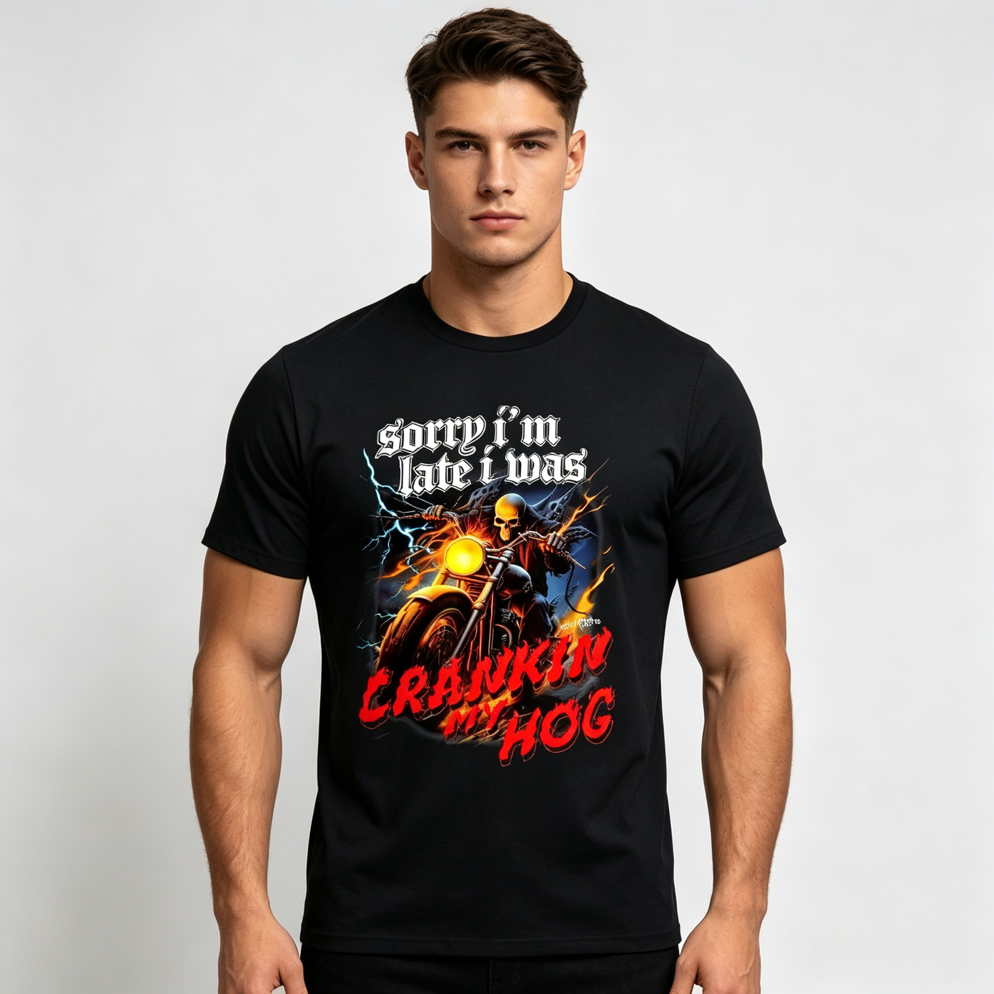 🏍️ Sorry I’m Late I Was Crankin My Hog Biker Skull Graphic Black Tee Sweatshirt Hoodie