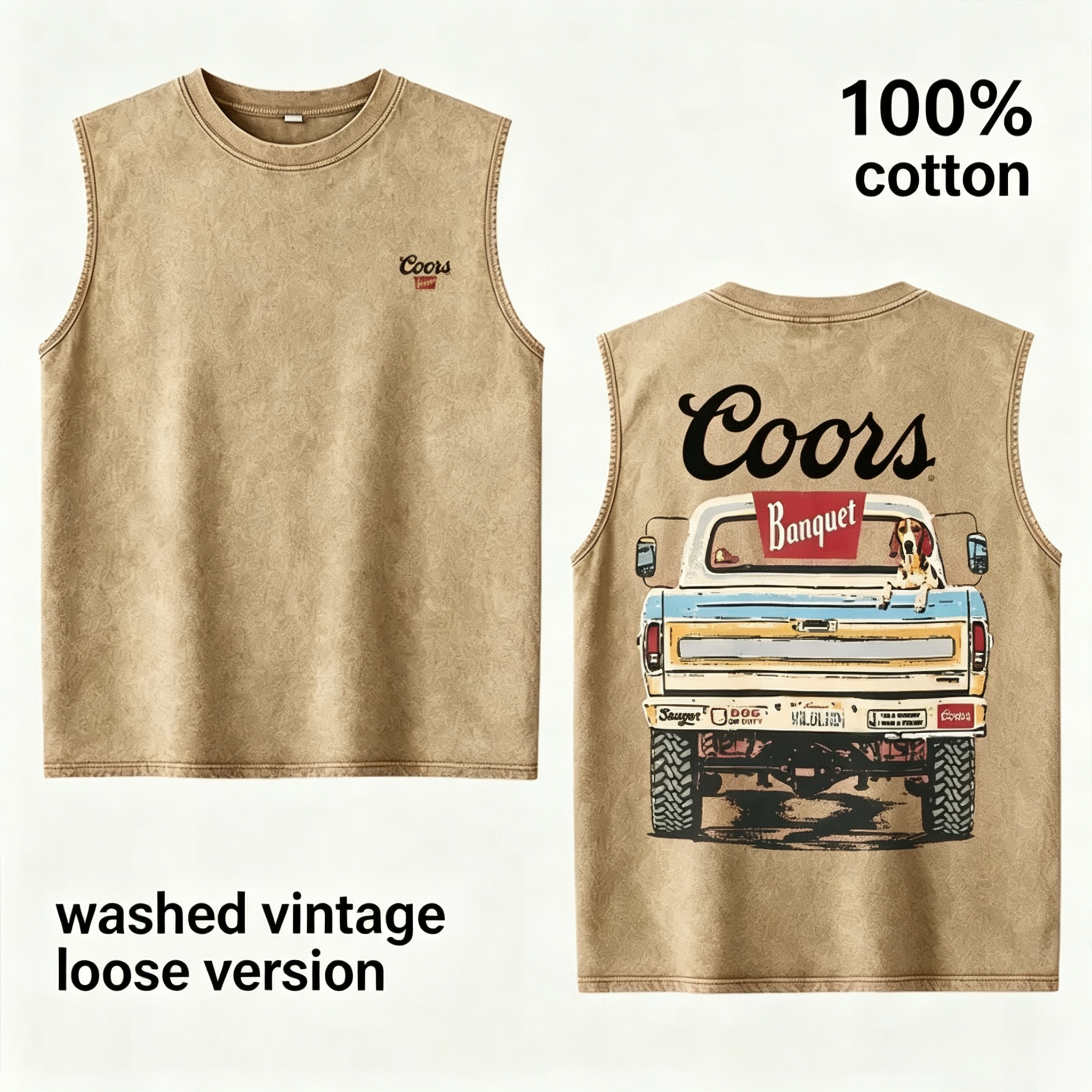 Khaki Washed Vintage Coors Graphic Loose Fit Tank Top
