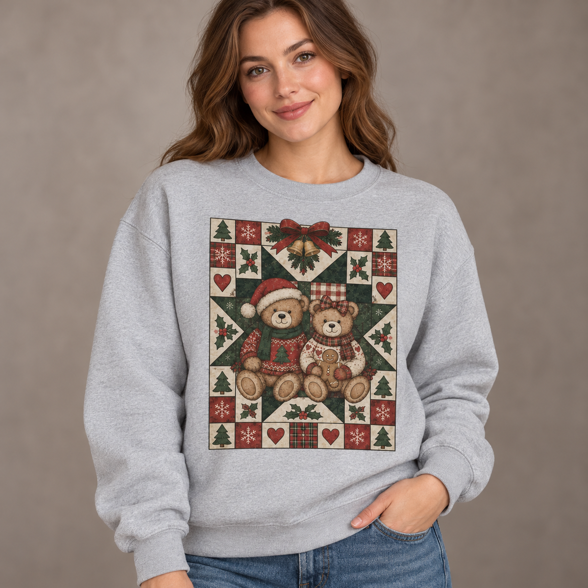 Women's Christmas Teddy Bear Print Cotton T-Shirt - Vintage Retro Casual
