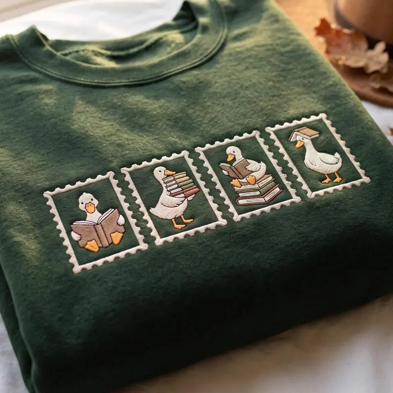 Reading Ducks Stamp Embroidered Sweatshirt Hoodie Tee