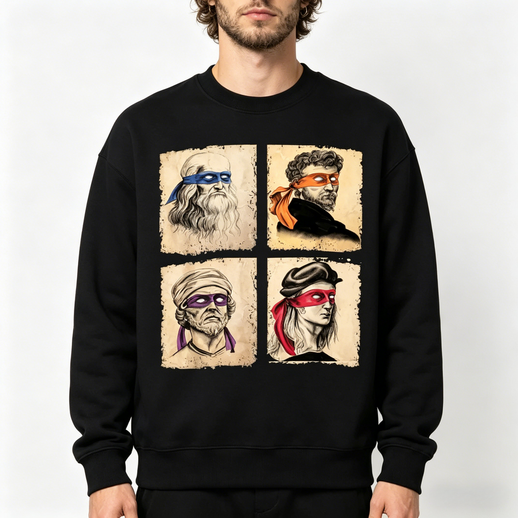Renaissance Ninja Parody Graphic Crewneck Sweatshirt & Hoodie | Vintage Art Funny T-Shirt