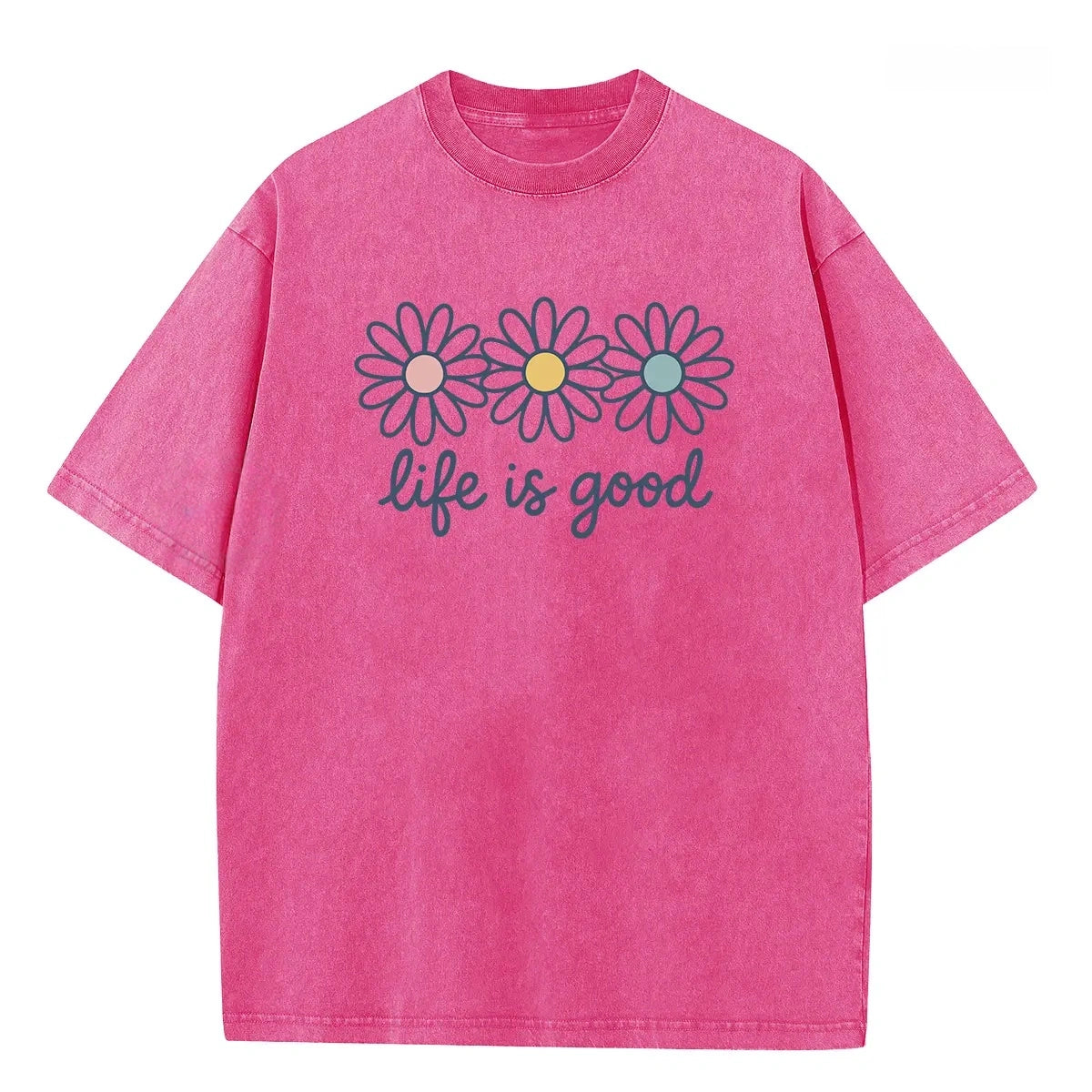 TOOAI Life is Good Washed Black T-Shirt | Retro Daisy Graphic Oversized Tee