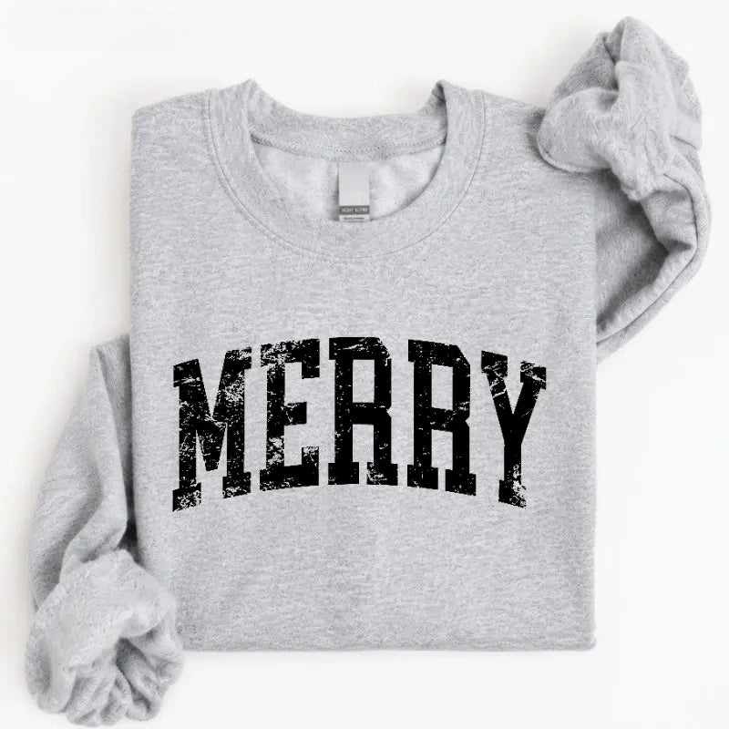 Vintage Distressed MERRY Graphic Crewneck Sweatshirt, Maroon Unisex Christmas Holiday Pullover Winter Sweater