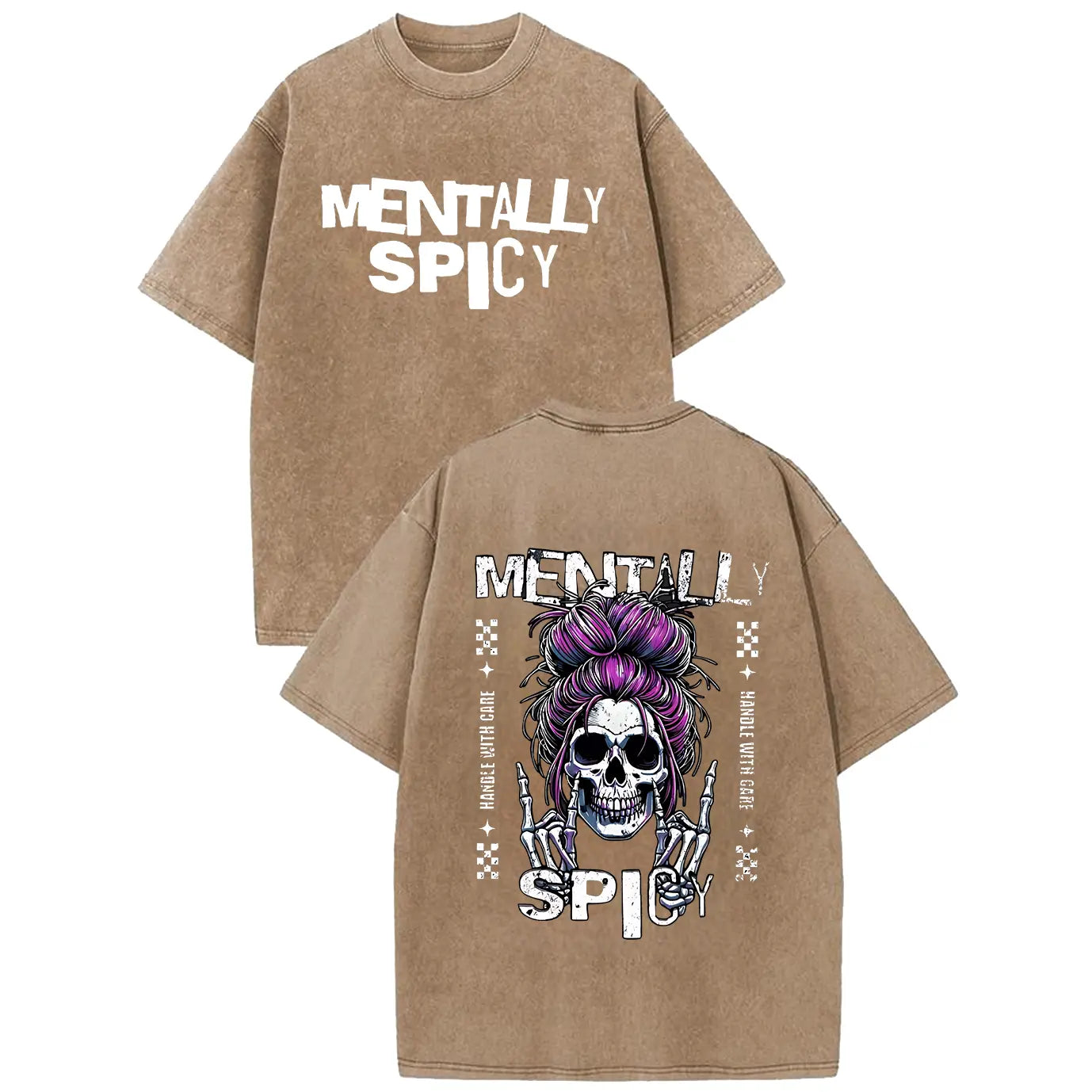 Mentally Spicy Distressed Washed T-Shirt, Grunge Skull Graphic Tee, Punk Rock Aesthetic, Casual Edgy Sarcastic Shirt