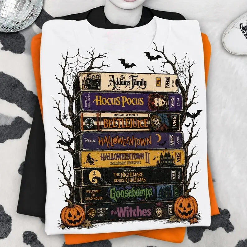Retro Halloween VHS Movie Stack Spooky Season Washed Tee