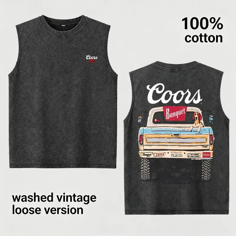 Khaki Washed Vintage Coors Graphic Loose Fit Tank Top
