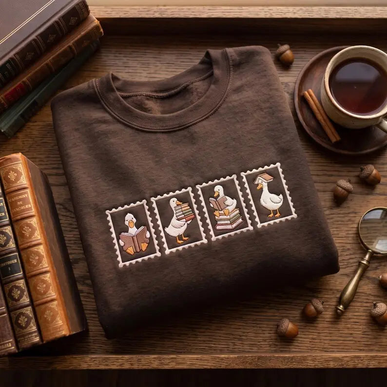 Reading Ducks Stamp Embroidered Sweatshirt Hoodie Tee
