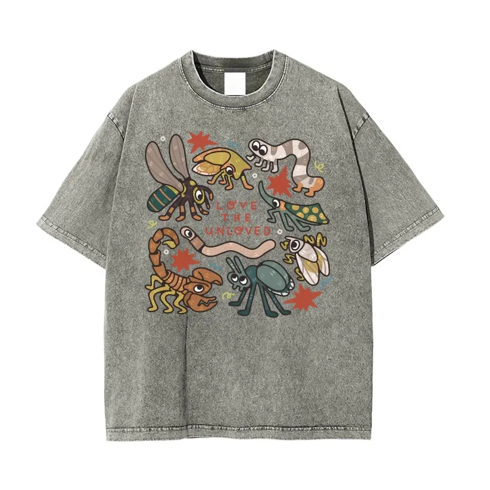 Retro Acid Wash Cute Bug Print Oversized Tee "Love The Unloved" Y2K Street Style T-Shirt for Men & Women