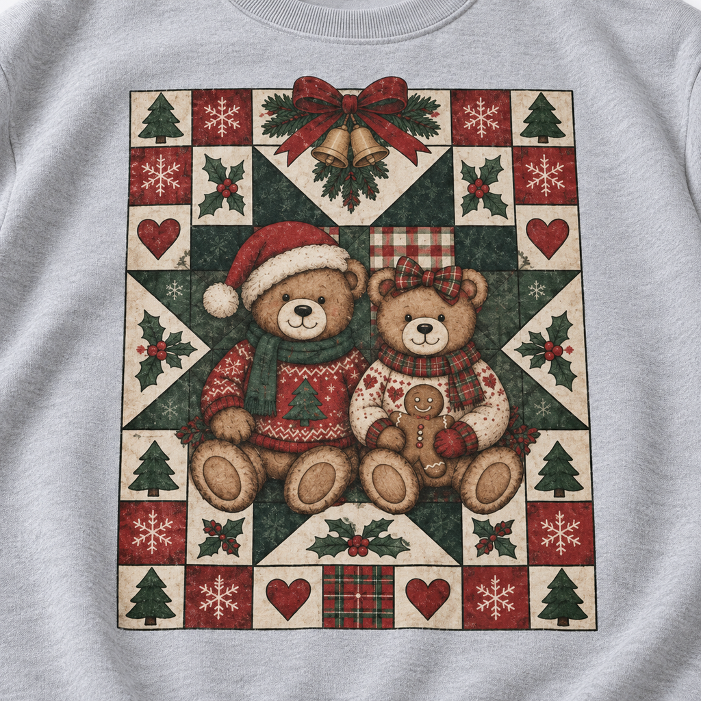 Women's Christmas Teddy Bear Print Cotton T-Shirt - Vintage Retro Casual