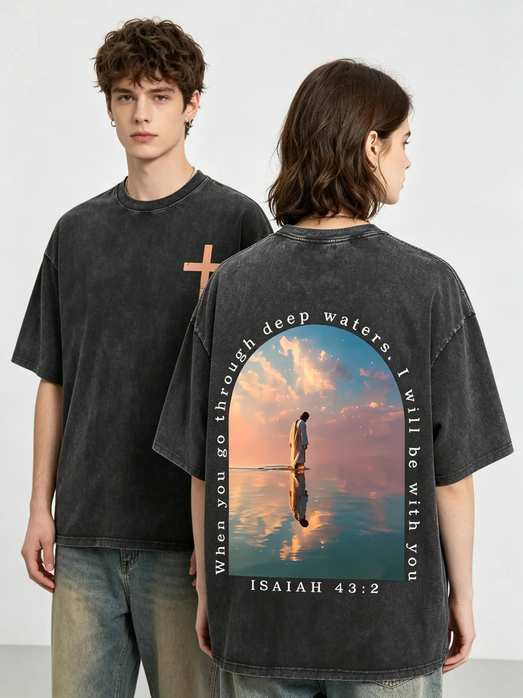 Jesus Walks on Water Isaiah 43:2 Christian T-Shirt | Direct-to-Garment Print, Washed Black Oversized Tee
