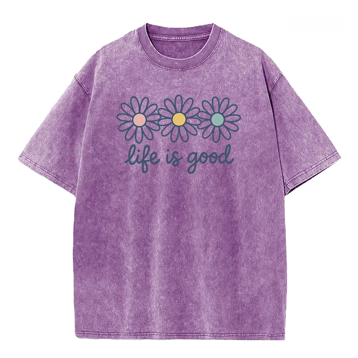 TOOAI Life is Good Washed Black T-Shirt | Retro Daisy Graphic Oversized Tee