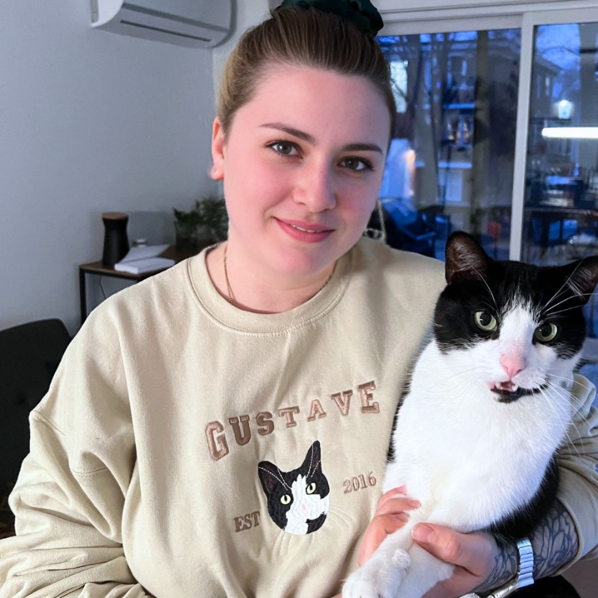 Custom Embroidered Varsity Cat Face Sweatshirt from Photo, Personalized Gift for Cat Lover
